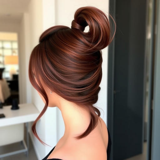 Chic hair style revealing a sleek high ponytail with a wrapped base and face-framing tendrils in a rich mahogany shade