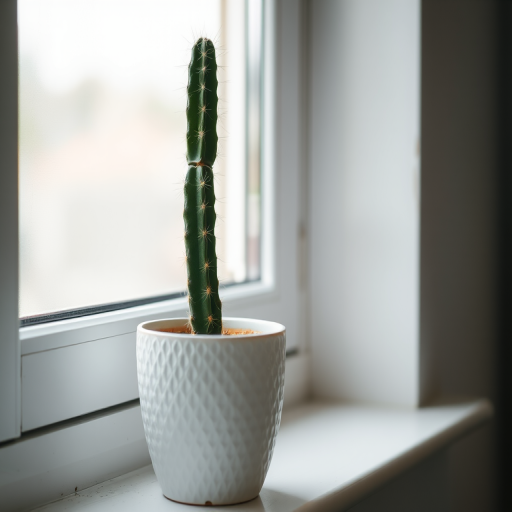 A tall cactus in a white textured pot placed on a windowsill with natural light coming in, shot with a DSLR camera at f/2.8 aperture, ISO 100, 50mm lens, in soft focus for a dreamy effect.