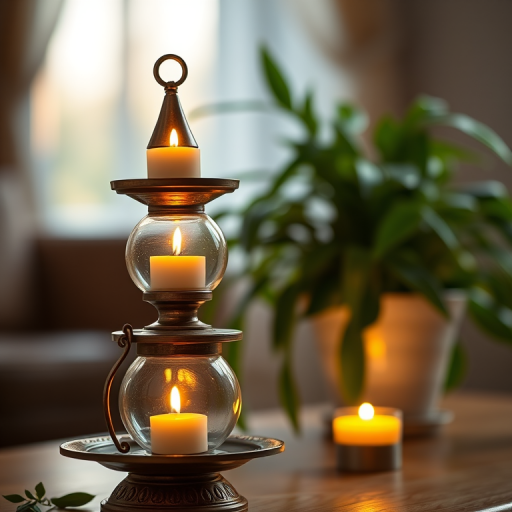 Capture a beautifully lit three-tiered oil lamp with glowing candles arranged on each layer, surrounded by soft ambient lighting and a green potted plant in the background, using a Canon EOS 5D Mark IV at f/2.8, ISO 200, 1/60 sec, in a close-up perspective to enhance details and depth of field.