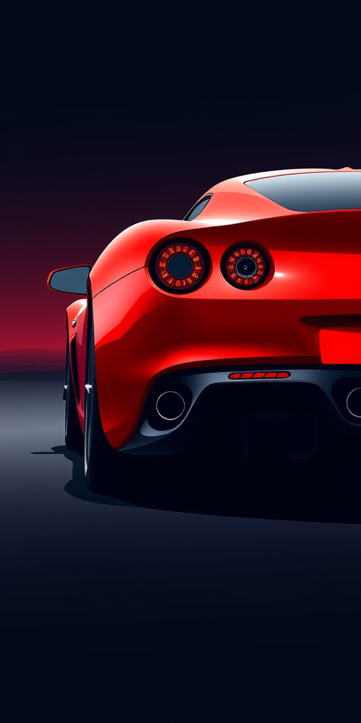 Create a high-resolution illustration of a sleek red sports car from a slightly elevated rear three-quarter perspective, using a digital art style reminiscent of vector graphics, with vibrant colors and smooth shading, captured using a virtual camera with a focal length of 35mm and an aperture of f/4 for enhanced depth of field.