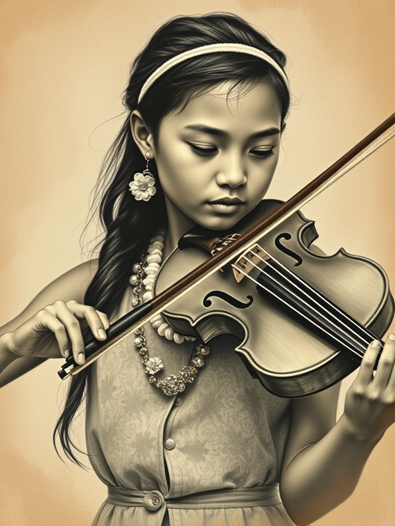 a young Hawaiian woman with a white headband playing a violin, in the style of a charcoal drawing, sepia grunge background