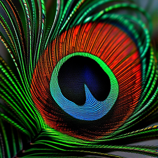 highly detailed close-up photograph of a peacock feather with vibrant colors and intricate patterns, shot with a Canon EOS 5D Mark IV, 50mm lens, f/2.8 aperture, ISO 100, natural light, shallow depth of field