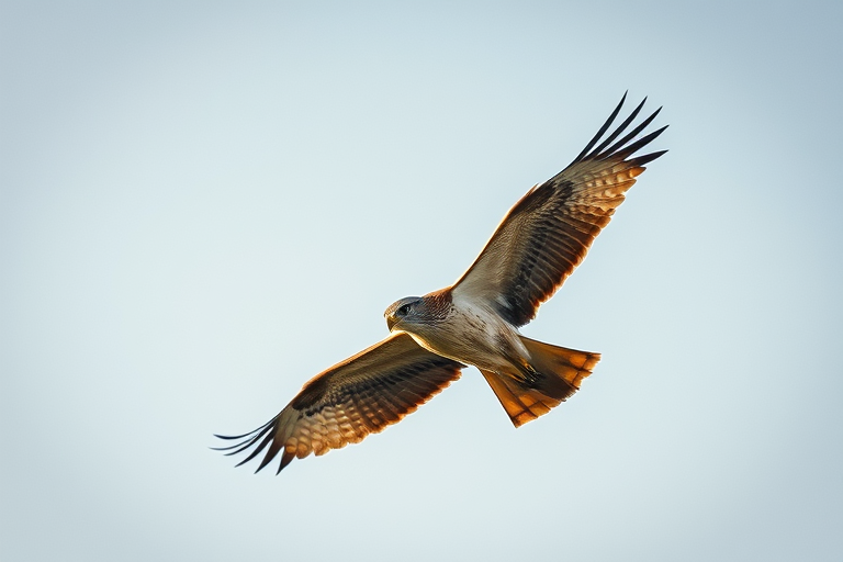 Create an image of a hawk soaring in a clear sky with a focal length of 200mm, aperture set to f/4, ISO 100, shot from a low angle using a DSLR camera with burst mode to capture motion.