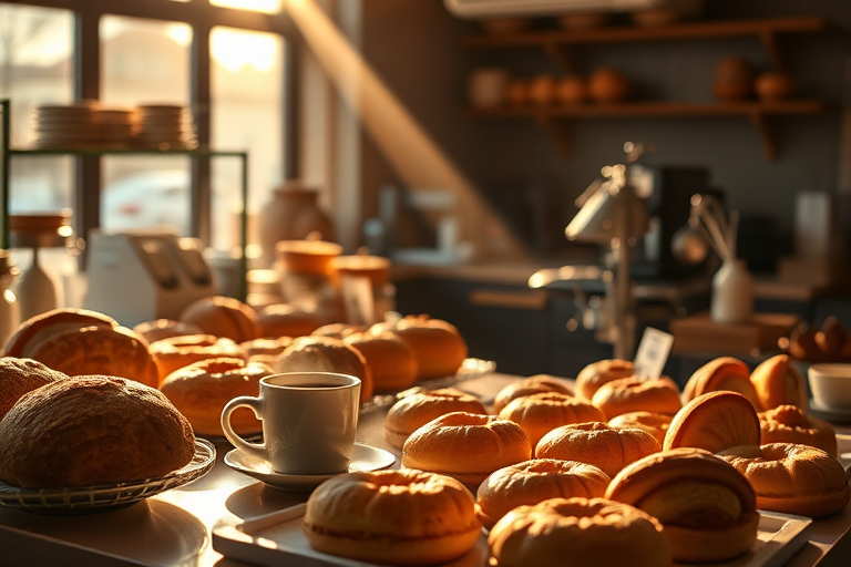 Warm, softly lit image of a bakery counter filled with freshly baked pastries, soft steam rising from a cup of coffee, sunlight streaming through the window, the smell of cinnamon and fresh bread filling the air.