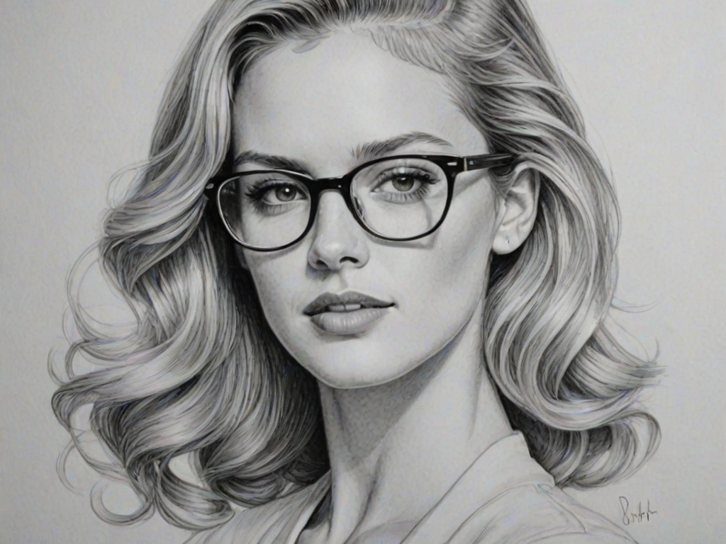 Dazzling Erin Heatherton, pencil sketch, portrait of Enticing woman 1945s in glasses, hair style beatnik, outline, clear lines, fine lines, 8k