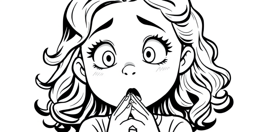 The image is a black and white illustration of a young girl with curly hair. She has a surprised expression on her face with her mouth open and her hands clasped together in front of her chest. Her eyes are wide and her eyebrows are furrowed. Her hair is styled in loose curls that are cascading down her back. The overall mood of the image is one of shock or surprise.