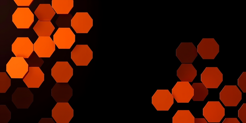 Create a high-resolution abstract image featuring a gradient of orange hexagons against a dark background, using a DSLR camera with a 50mm lens, f/1.8 aperture, 1/200s shutter speed, and ISO 100, capturing a top-down view for enhanced depth and detail.