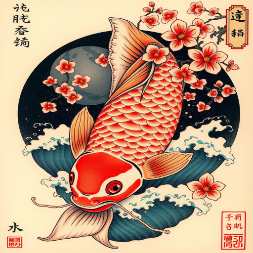 Japanese Irezumi tattoo called "Koi Ascending" showcasing a large-scale koi fish swimming upstream amidst cherry blossoms and waves, rich in symbolism and traditional imagery