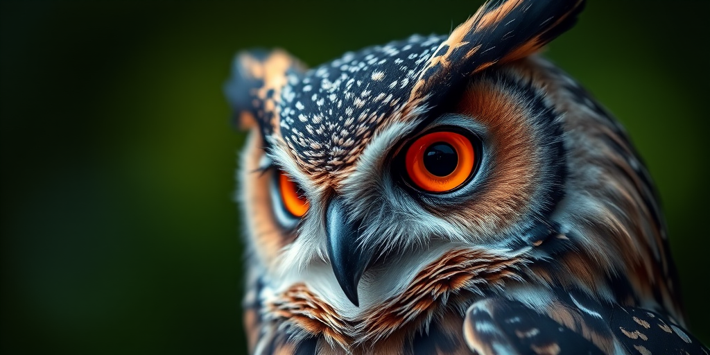 Close-up of an owl with striking orange eyes, bokeh background, sharp focus, aperture f/2.8, ISO 200, 85mm lens, macro photography style, DSLR camera.