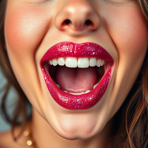Playful woman lips decorated with glittery pink sparkles, full face image showcasing youthful exuberance and infectious joy