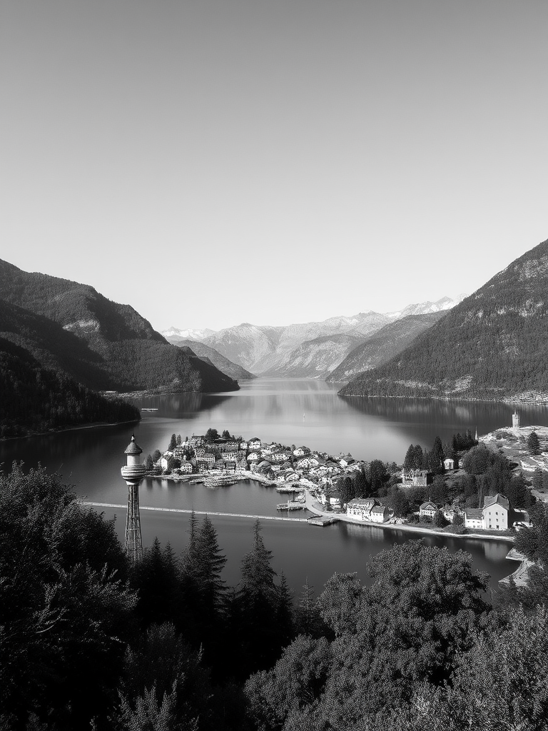 black and white landscape photograph of a lakeside village nestled among mountains during midday with clear skies, ISO 100, f/11, shutter speed 1/200, 24mm lens, wide-angle view, DSLR camera