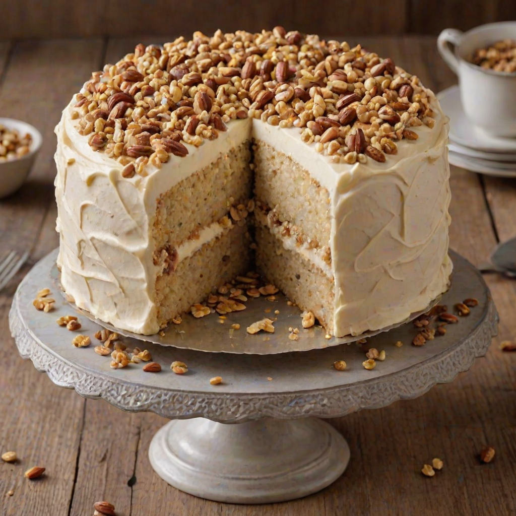Create an image of a round cake with a smooth, light-colored frosting. The cake should have a decorative border of swirled frosting on top and a layer of crushed nuts around the bottom. The background should be simple and rustic, enhancing the cake's presentation.