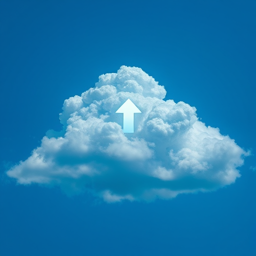 Create a vivid blue cloud with an upward arrow centered inside it, using a Canon EOS R5, f/8 aperture, ISO 100, 50mm lens, ensuring sharp focus and high dynamic range in a digital illustration style.