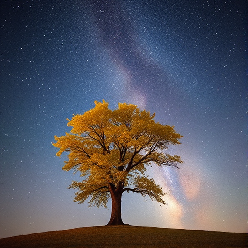 Capture a high-resolution image of a solitary tree under a clear starry sky with the Milky Way visible in the background, using a full-frame DSLR camera, 24mm lens at f/2.8, ISO 1600, exposure time 30 seconds, shot from a low angle to emphasize the tree against the night sky with vivid colors and sharp details.