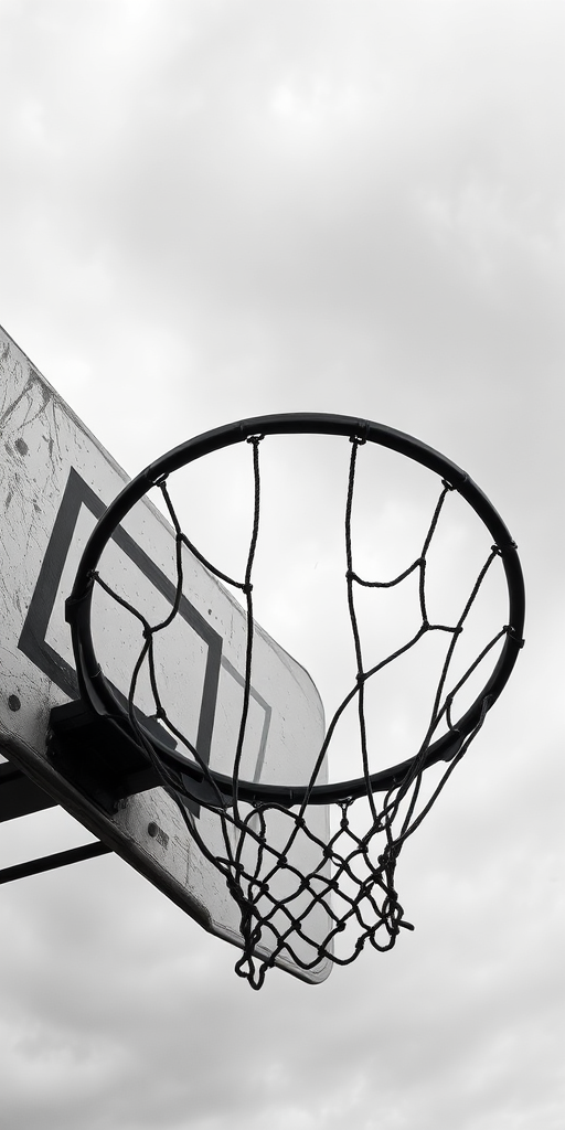 Create a high-resolution black and white image of a weathered basketball hoop against a cloudy sky using a DSLR camera with a 50mm lens, aperture f/2.8, ISO 100, and shot from a low angle to emphasize the hoop and the sky.