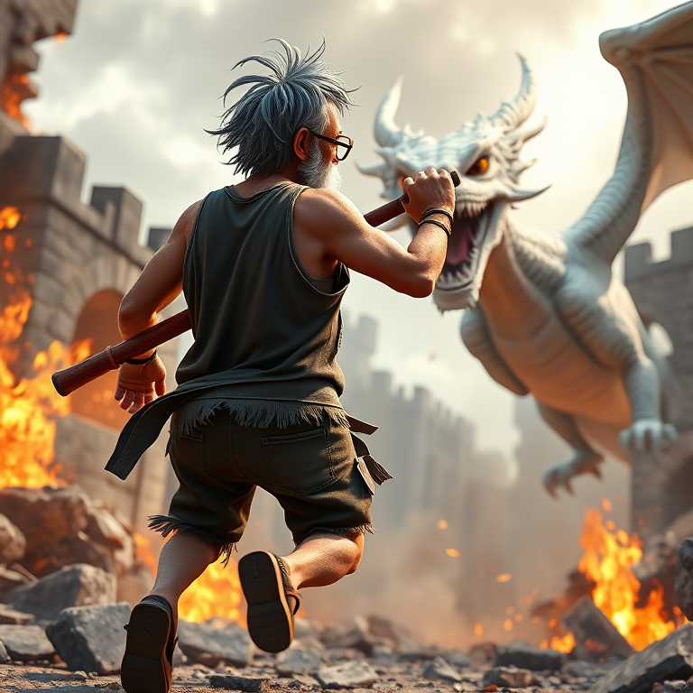 Cartoon 3D High-Resolution,dynamic battle scene using Unreal Engine 5 and Octane Render. The scene features back of an elderly, thai man with a beard,messy hair and round golden-rimmed glasses. He is wearing a tattered tank top with soot marks, shorts, and sandals. sweating. he wields a baseball bat. He jump to fight with a white fire-breathing Europe dragon amidst a partially destroyed stone castle. Include intense flames, smoke, and debris to enhance the dramatic effect.