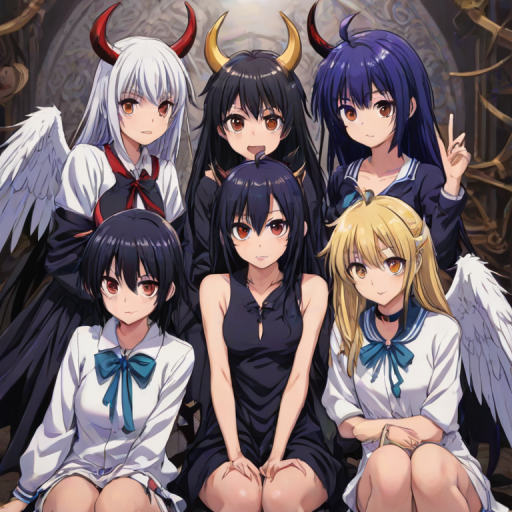1girl,tokoyami towa,mesugaki,devil,amane kanata,angel,split theme,stylish,artist, closed mouth