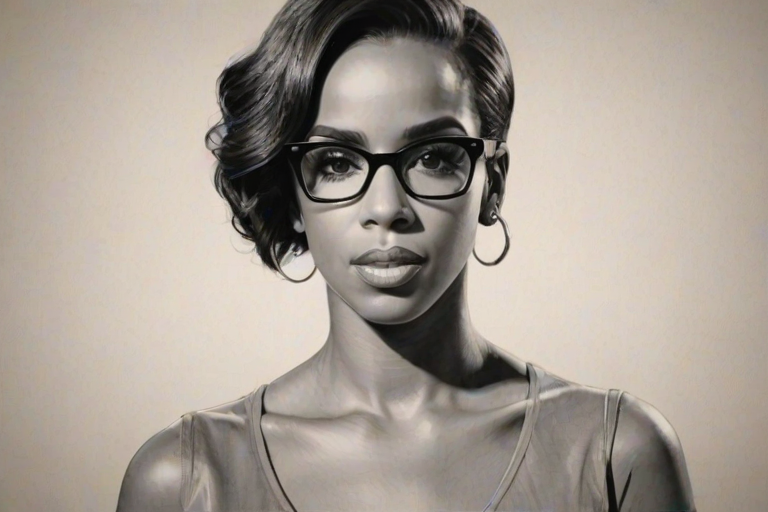 Ravishing Kelly Rowland, pencil sketch, portrait of Superb woman 1933s in glasses, hair style beatnik, outline, clear lines, fine lines, 8k