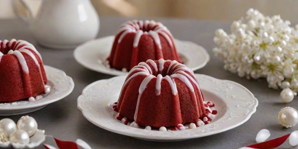 Create an image of three small red velvet bundt cakes arranged on a white rectangular plate. The cakes should have a rich red color with a white glaze dripping down the sides. Add small white decorative pearls on top for an elegant touch. The background should be simple and dark to emphasize the vibrant colors of the cakes.