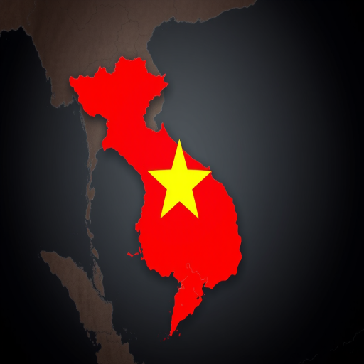 Create a high-resolution image of Vietnam's map colored in red with a large yellow star positioned in the north, using a DSLR camera with a 50mm lens, f/1.8 aperture, ISO 100, and natural lighting from a slightly elevated angle.