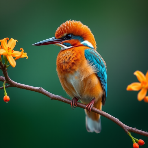 A detailed close-up of a kingfisher perched on a branch with vibrant orange flowers, focusing on the intricate feather textures and colors, using a Canon EOS R5, 100mm macro lens, f/2.8 aperture, ISO 100, natural light to enhance image quality.