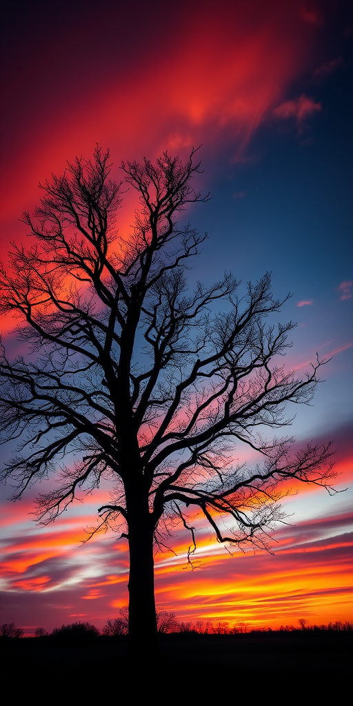 Create a high-resolution image of a silhouetted tree against a vibrant sunset sky, using a Canon EOS R5 with an aperture of f/8, ISO 100, shutter speed 1/250s, shot from a low angle, in landscape orientation, utilizing a wide-angle lens for a dramatic effect.