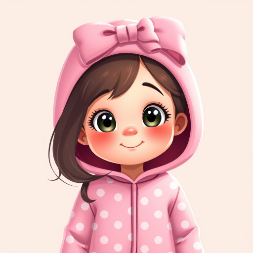 Generate a high-quality illustration of a cute cartoon girl in a pink polka dot onesie with a bow on her head, using a digital art style, with bright colors and smooth lines, captured from a front view, simulate a Canon EOS 5D Mark IV with an aperture of f/4, ISO 100, and a focal length of 50mm.