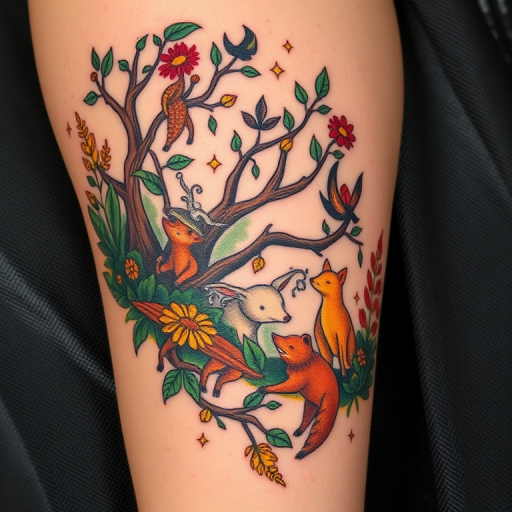 Neo-traditional tattoo called "Woodland Reverie" showcasing a whimsical forest scene with stylized animals flowers and mystical creatures interwoven in a dreamlike landscape using a rich color palette of deep greens earthy browns and pops of bright yellow and red with bold black outlines and subtle gradients creating a fairytale-like atmosphere on the skin