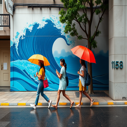 capture a scene of four people walking with colorful umbrellas along a street with a large blue wave mural on the wall, use a Canon EOS R5 with a 35mm f/1.4 lens, aperture f/4.0, shutter speed 1/250s, ISO 400, in natural light for vibrant colors and crisp details