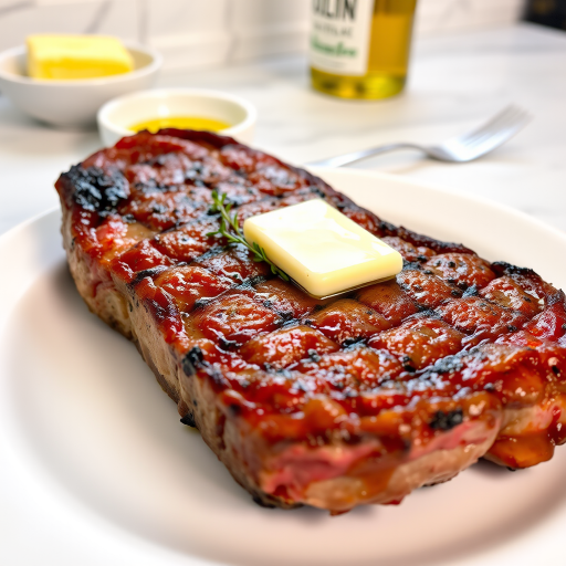 Create an image of a perfectly seared ribeye steak, resting on a white plate with a pat of melting butter on top. The steak is seasoned with fresh herbs like thyme and parsley, with glistening juices highlighting the texture of the meat. The background features a soft focus on a light, marble countertop, with a small dish of butter and an olive oil bottle in the distance. The overall mood should be warm and inviting, capturing the deliciousness and juiciness of the steak.