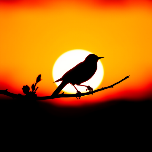 Generate a high-resolution black silhouette of a bird perched on a branch against a bright sunset background with vibrant oranges and yellows, using a Canon EOS R5, ISO 100, aperture f/8, shutter speed 1/200s, shot from a slightly low angle for dramatic effect.