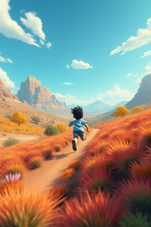 animated character running in a vibrant landscape, 35mm lens, f/2.8 aperture, ISO 100, top-down view, dynamic composition, high resolution, cartoon style