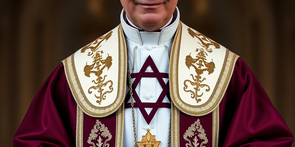 Generate an image of a papal figure wearing ceremonial robes with a Star of David symbol, captured with a Canon EOS 5D Mark IV, 50mm lens, f/1.8 aperture, ISO 100, natural lighting, centered composition.
