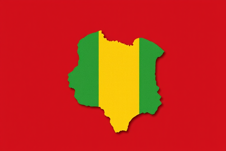 Create a high-resolution image of the map of Benin, showcasing its outline filled with vertical stripes of green, yellow, and red, captured with a DSLR camera at f/8 aperture, ISO 100, and 50mm lens, with a sharp focus and vibrant colors to enhance clarity and detail.