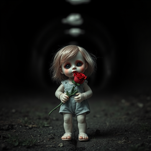 A distressed child doll holding a red rose stands in a dark, abandoned tunnel, captured with a Canon EOS 5D Mark IV, 50mm lens, f/1.8 aperture, ISO 100, 1/60 sec, with a shallow depth of field and a moody, monochromatic filter for dramatic effect.