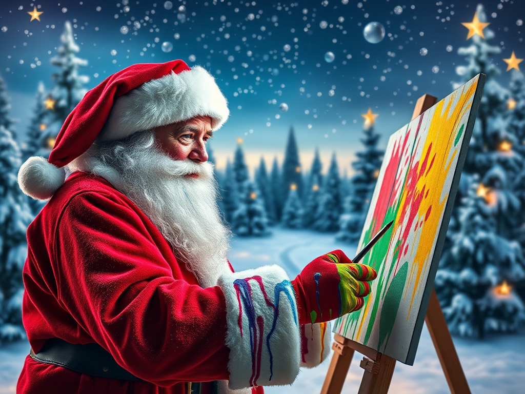 Create a vibrant fantasy scene of Santa Claus painting with colorful paint, surrounded by a magical winter landscape adorned with Christmas trees and stars, captured with a wide-angle lens on a DSLR camera, aperture f/2.8, ISO 100, and a 24mm focal length for enhanced depth and detail.