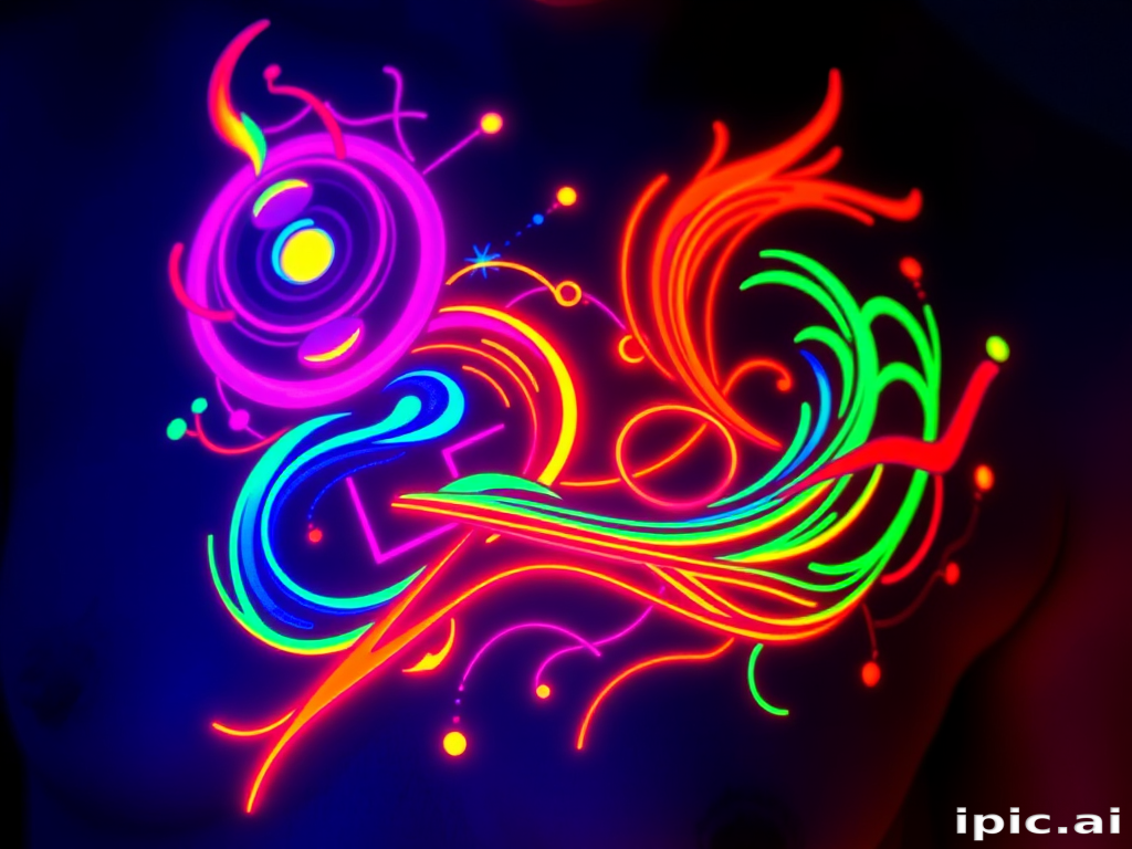 Neon glow tattoo named "Electric Dreams" featuring bright, fluorescent colors that seem to pulse and shimmer under UV light, with abstract shapes and swirling patterns reminiscent of cyberpunk aesthetics and retro-futuristic designs