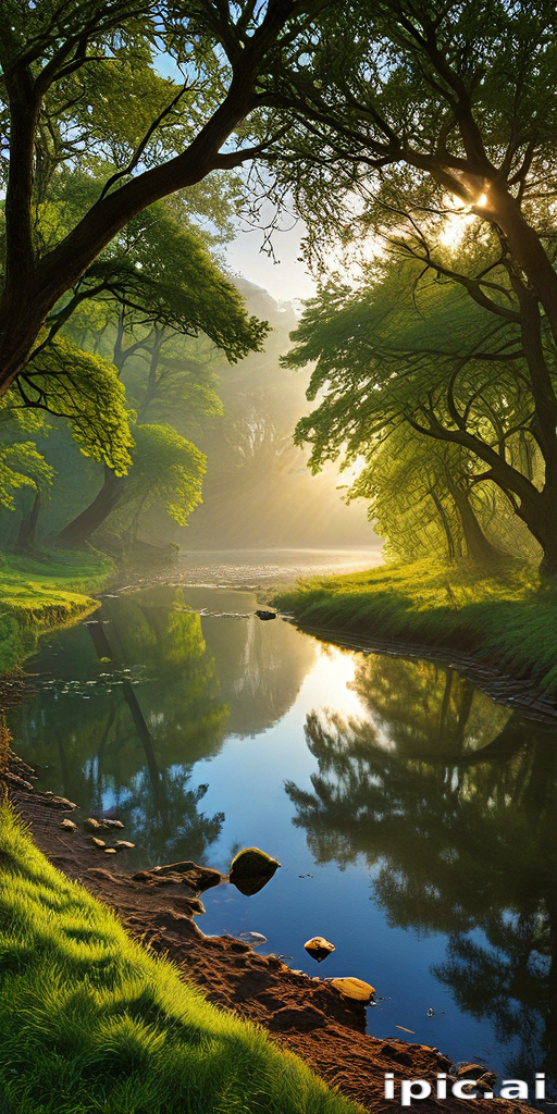 Serene Morning Light Filtering Through Lush Trees by Tranquil River