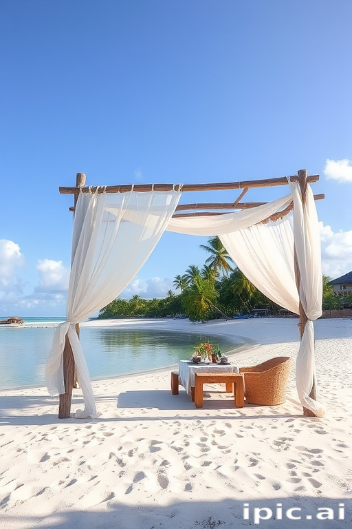 Create a picturesque tropical beach scene featuring a serene, white sandy shore. In the foreground, there's a rustic wooden canopy with white drapes gently flowing in the breeze. Underneath the canopy, a table is set with tropical decor, evoking a sense of relaxation and leisure. The beach extends into a calm, shallow water area with reflections of the sky and surroundings. Palm trees and lush greenery line the edge of the beach, providing a natural, tropical backdrop. The sky is clear with a few scattered clouds, and the overall atmosphere is tranquil and inviting, perfect for a peaceful retreat.