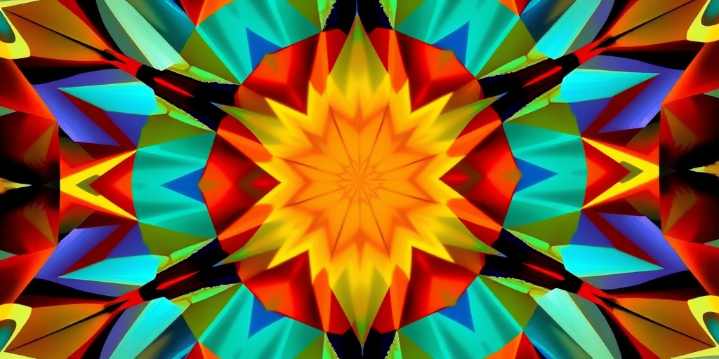 generate a vibrant abstract geometric pattern with a kaleidoscope of colors and sharp angles using a high-resolution digital camera, ISO 100, aperture f/8, shutter speed 1/200s, macro lens, overhead view for enhanced detail and clarity.