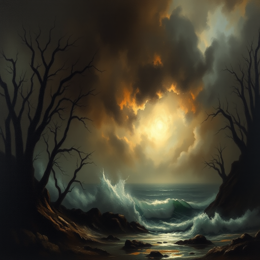 An atmospheric and powerful dark fantasy, natural organic and impressionist classical-style painting inspired by William Turner's Shade and Darkness - the Evening of the Deluge