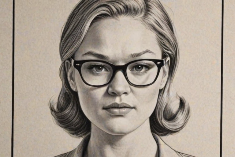 Appealing Julia Stiles, pencil sketch, portrait of Exquisite woman 1954s in glasses, hair style beatnik, outline, clear lines, fine lines, 8k