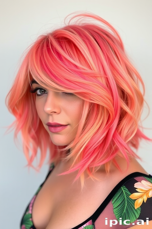 Vibrant coral feathered shag called Tropical Sunset showcasing choppy layers and wispy bangs in a gradient of warm peachy hues reminiscent of a breathtaking island sunset