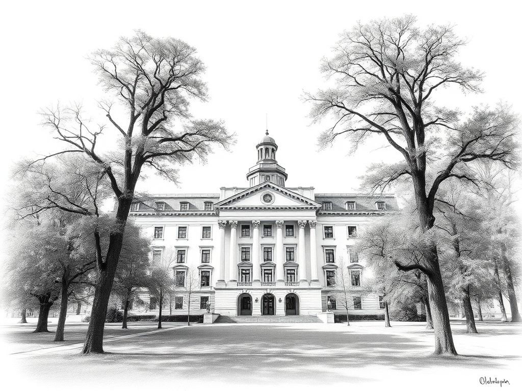 Create a high-resolution sketch of a large, classic building surrounded by trees, using a Canon EOS 5D Mark IV with a 50mm f/1.8 lens, aperture at f/8, ISO 100, natural daylight, capturing a frontal view with a slight depth of field.