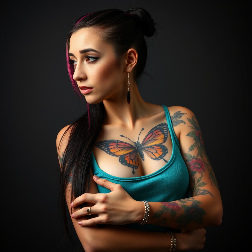 A portrait of a young woman with long dark hair tied up in a bun, with pink streaks, and intricate shaved designs. She is wearing a teal tank top and has a large butterfly tattoo across her chest and multiple colorful floral tattoos on her arms. The woman is looking off to the side, slightly tilted, her right arm is crossed over her chest, and her left hand is resting on her upper arm. The lighting is soft and warm, highlighting the details of the tattoos. The background is a simple, dark gray, providing a neutral backdrop for the subject. The photo has a natural, relaxed feel and a slightly artistic, moody atmosphere.  She is wearing several silver rings and bracelets on her arms, and a pair of long silver dangle earrings with red accents.  Her face is slightly shadowed, giving a soft and alluring feel.  The composition is centered on the woman, who is positioned against a dark background, the emphasis is on her tattoos and the subtle expression on her face.