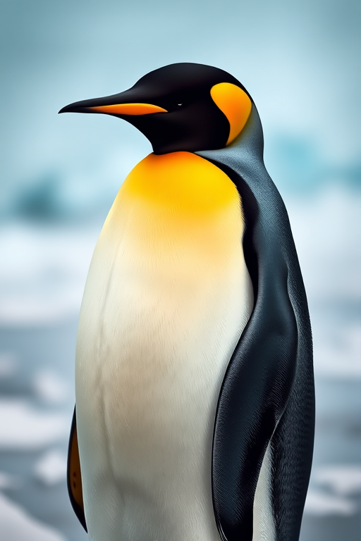 Create a high-resolution digital illustration of a proud emperor penguin standing upright, with vibrant yellow and black feathers, captured in soft natural lighting, using a DSLR camera with a 50mm lens at f/2.8, ISO 100, and a shallow depth of field to emphasize the penguin against a blurred icy background.