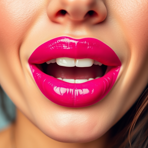 Radiant woman lips adorned with a glossy fuchsia lipstick, vibrant and youthful, full and rounded, exuding playfulness and confidence
