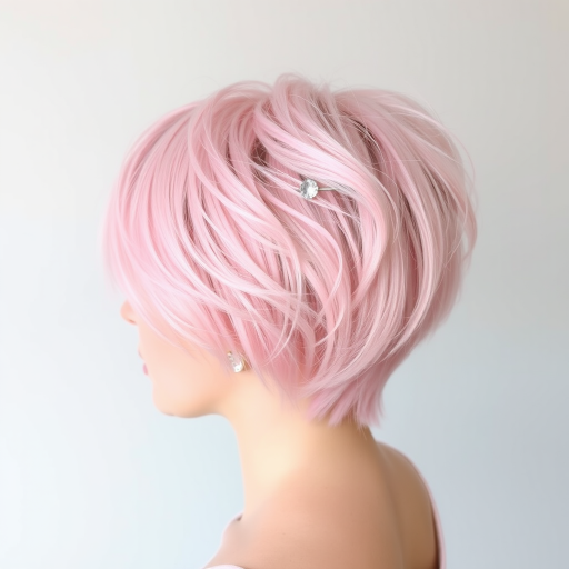Ethereal pastel pink pixie cut with textured layers and wispy bangs, adorned with delicate crystal hair pins named "Cotton Candy Dreams" evoking whimsy and innocence