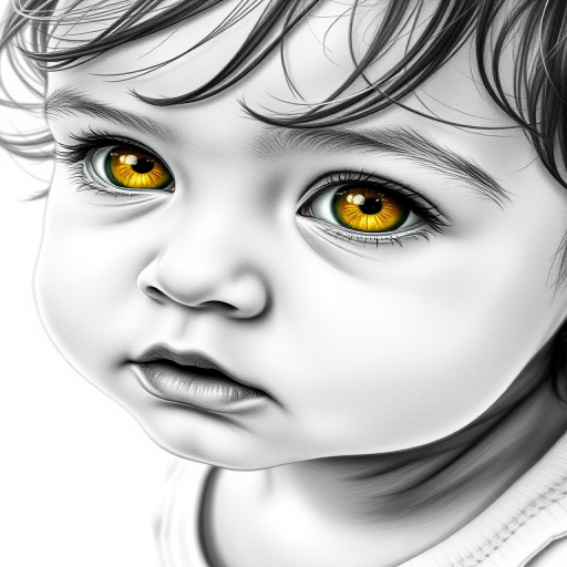 A hyperdetailed photorealistic black and white sketch of a beautiful toddler with deep Yellow eyes, with a macro focus