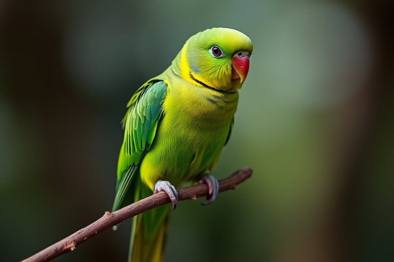 A vibrant green parakeet perched on a branch, captured with a Canon EOS 5D Mark IV, 50mm f/1.8 lens, aperture f/2.8, shutter speed 1/250 sec, ISO 200, natural light, shallow depth of field to emphasize the subject against a blurred background.